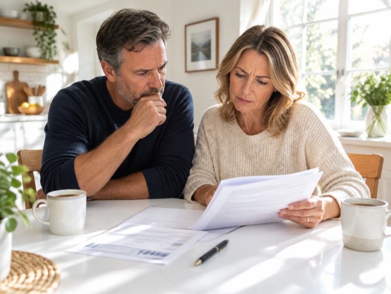 A couple at their kitchen table reading through their solar paperwork