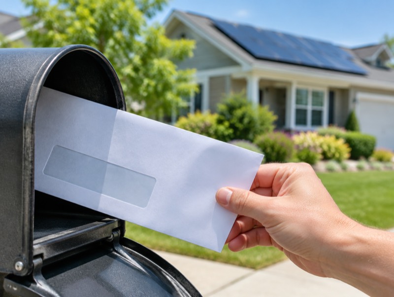 A homeowner pulls a utility bill from the mailbox in front of a house with solar panels