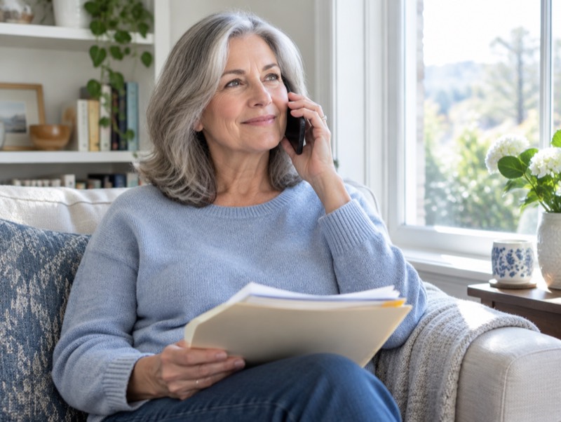 A homeowner on the phone at home with a folder of papers
